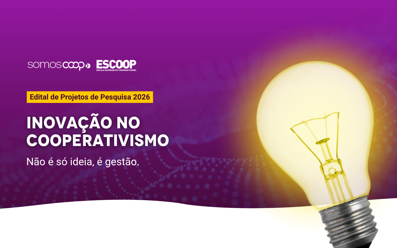 Banner do Edital de Projetos de Pesquisa 2026 sobre inovação no cooperativismo, com lâmpada acesa sobre fundo roxo.